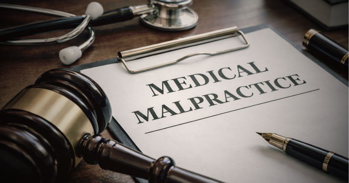 Document labeled medical malpractice on a desk with a judge’s gavel and stethoscope.