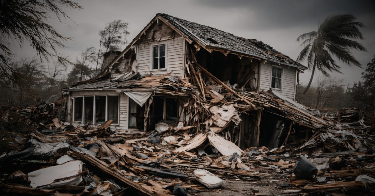 Severely damaged house after a hurricane with collapsed roof and debris surrounding the property.
