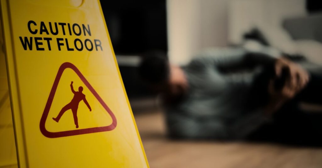 Caution wet floor sign in foreground with an injured person lying on the floor in the background.