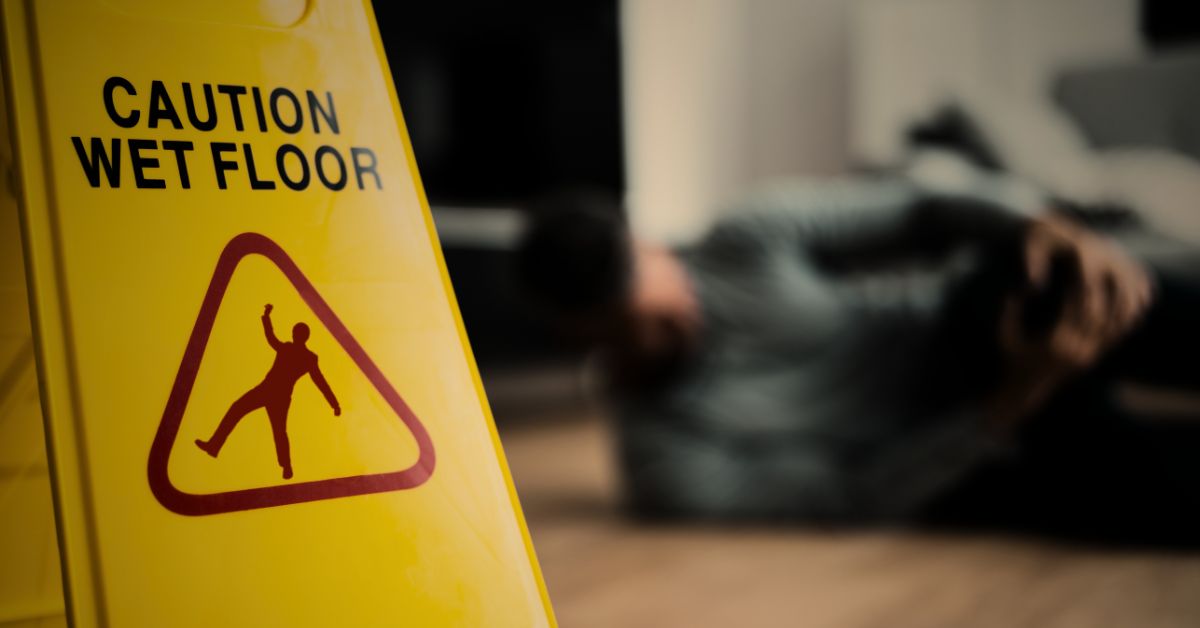 Caution wet floor sign in foreground with an injured person lying on the floor in the background.