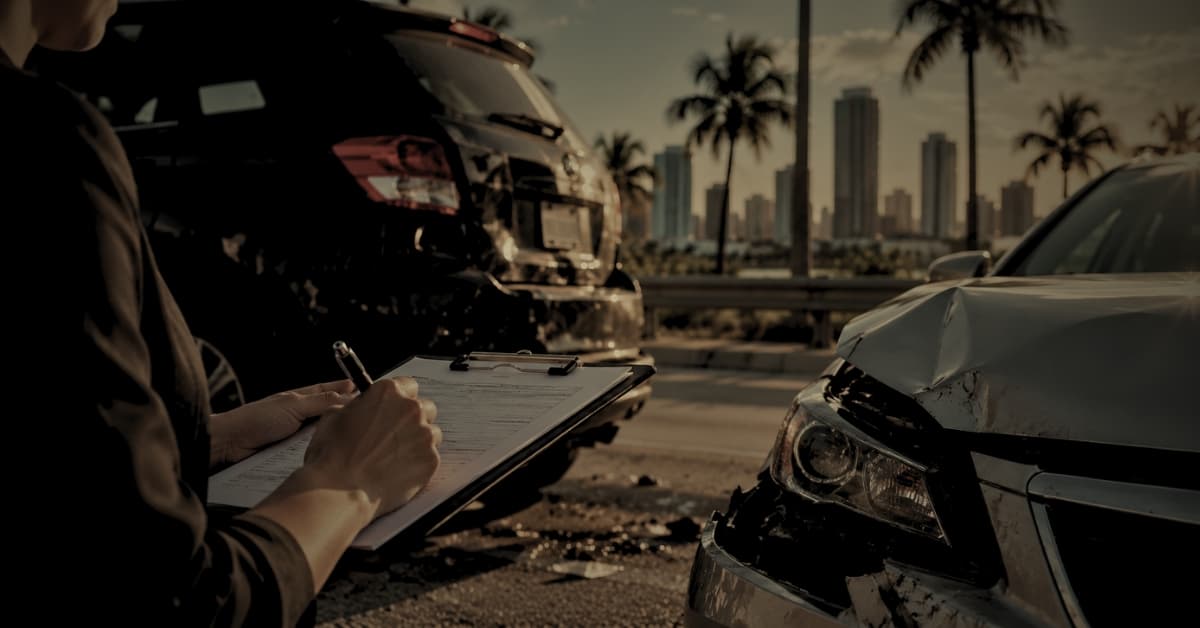 Estatuto de accidente de auto en Florida — ajustador documentando choque en escena de accidente en Miami