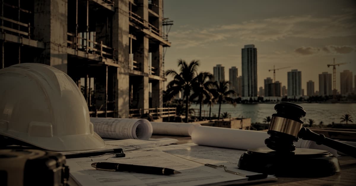 Florida Statute 558 — construction site with hard hat, blueprints and gavel representing construction defect claims in Miami