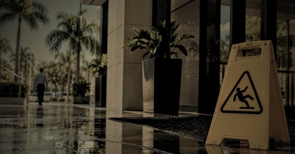 Premises liability Florida — wet floor warning sign at commercial property entrance