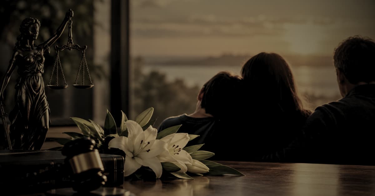 Florida Wrongful Death Act — grieving couple with justice statue and white lilies at legal consultation